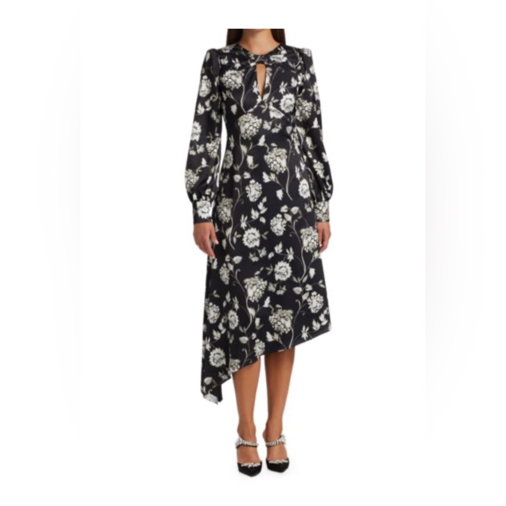 Monique Lhuillier Satin Black and White Floral Dress